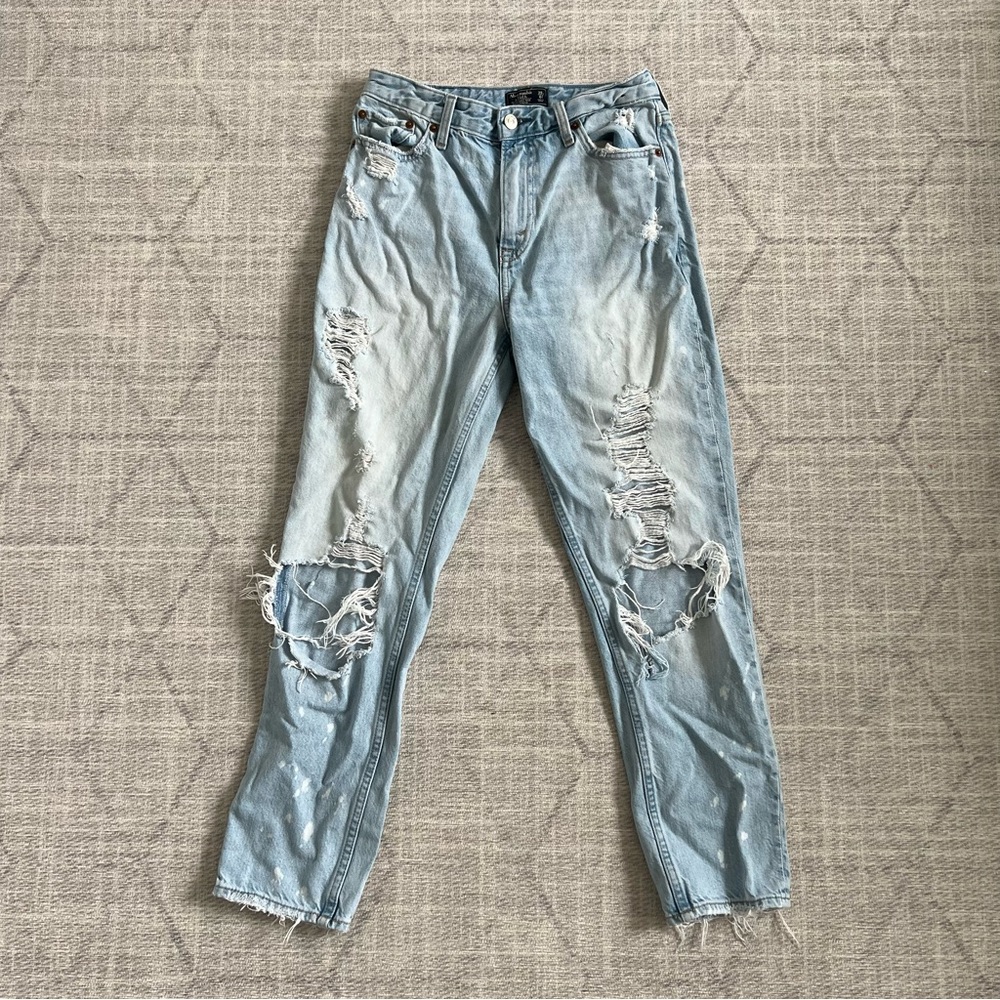 Abercrombie & Fitch Annie High Rise Girlfriend Light Blue Grunge Distress Jeans